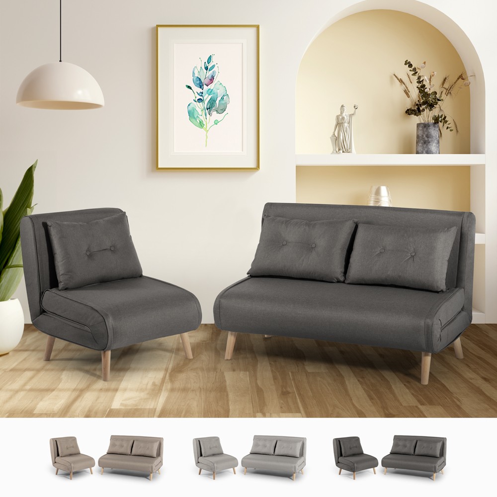 Canapé lit 2 places + fauteuil pliable velours style scandinave Sienna