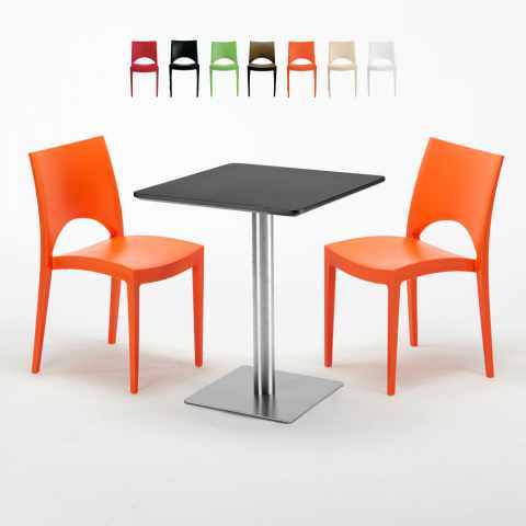 Table carrée 60x60 pied acier et plateau noir avec 2 chaises colorées Paris Pistachio Promotion