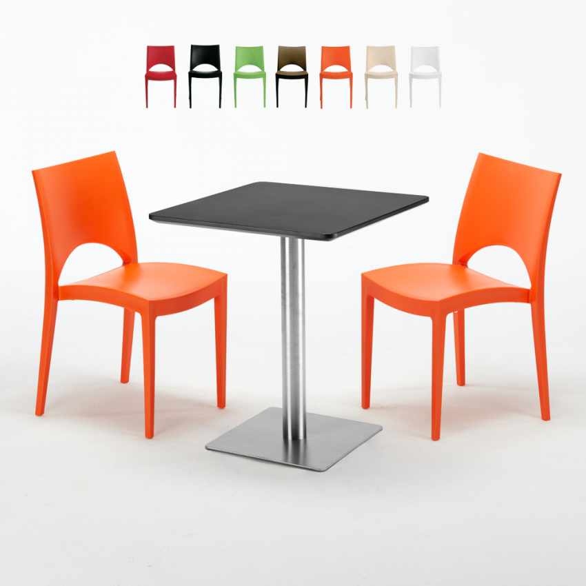 Grand Soleil Table carrée 60x60 pied acier et plateau noir avec 2 chaises colorées paris pistachio