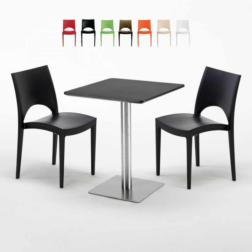 Table carrée 60x60 pied acier et plateau noir avec 2 chaises colorées Paris Pistachio Réductions