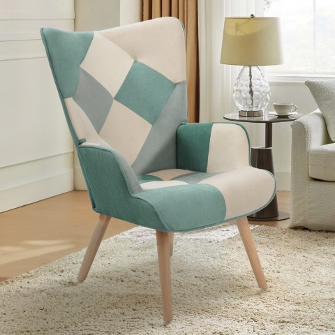 Fauteuil de salon style patchwork scandinave bois blanc et bleu Chapty Promotion
