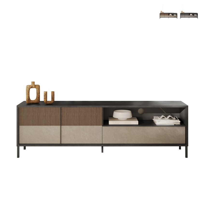 Meuble TV moderne sur pied 205x40x44cm 2 portes tiroir Jahn Vente