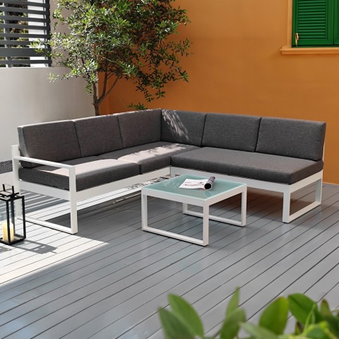 Ensemble salon de jardin canapé d'angle extérieur + table en verre Jamila Promotion