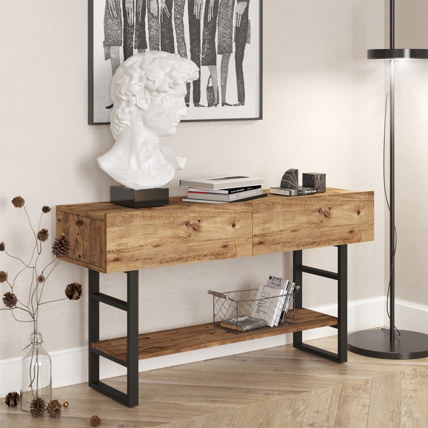 Console d'entrée en bois métal style industriel 2 tiroirs Etage Promotion Console d'entrée en bois métal style industriel 2 tiroirs Etage Promotion