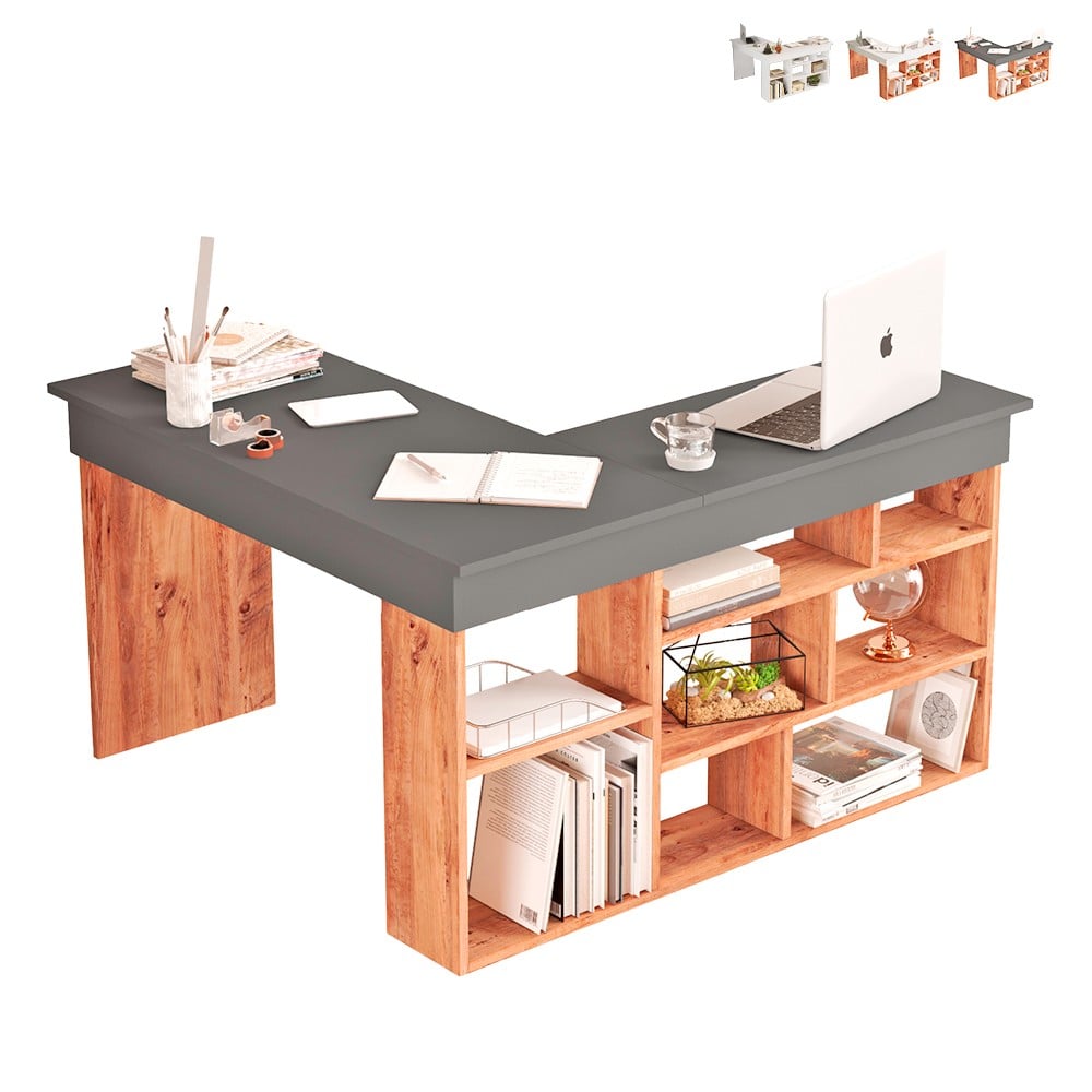 Bureau d'angle avec bibliothèque 120x120cm en bois 5 étagères Arvada