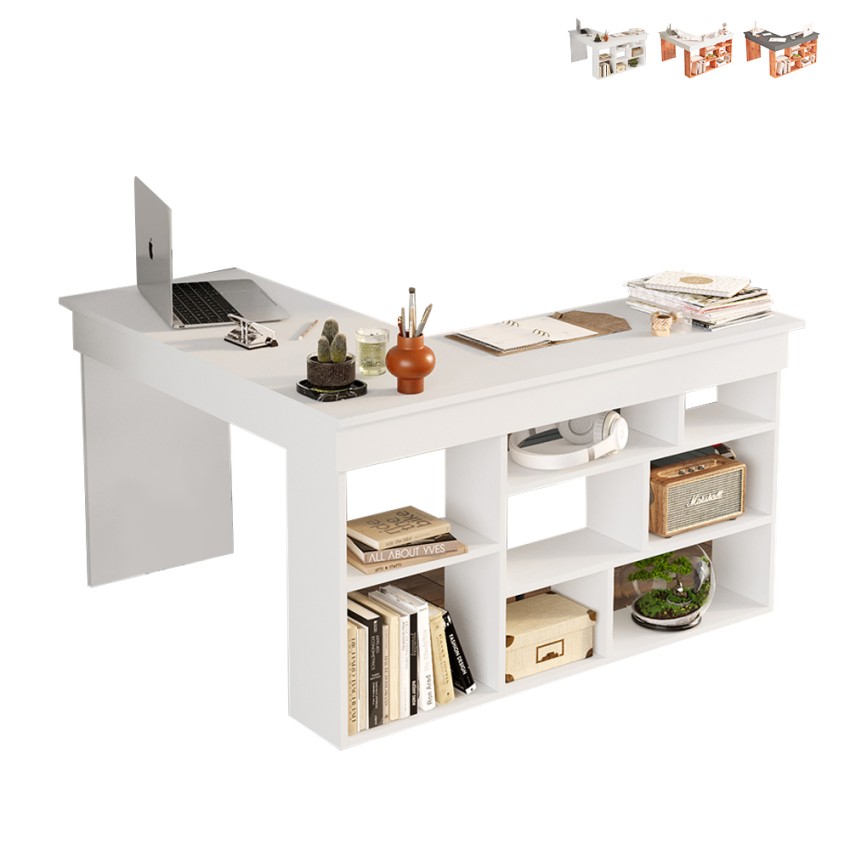 Bureau d'angle avec bibliothèque 120x120cm en bois 5 étagères Arvada Offre