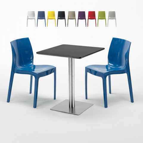 Table carrée 60x60 cm Base Argent E Top Noir Avec 2 Chaises Colorées Ice Pistachio