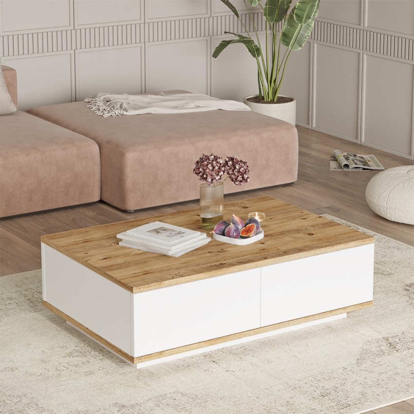 Table basse en bois blanche de salon avec 2 niches 90x60cm Tynne Promotion Table basse en bois blanche de salon avec 2 niches 90x60cm Tynne Promotion