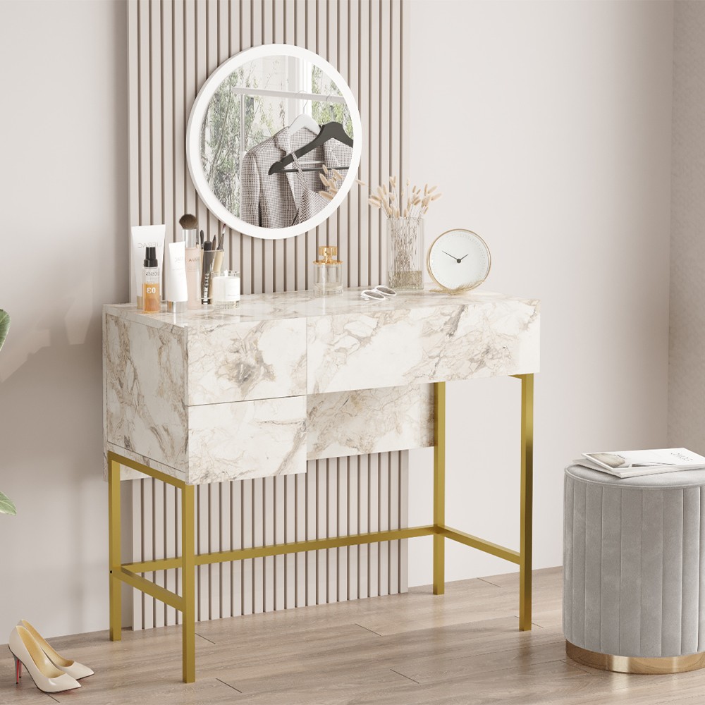 Coiffeuse Table de Maquillage avec miroir et tiroir marbre blanc pieds dorés Helier
