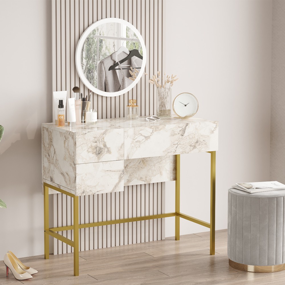 Meuble coiffeuse miroir 3 tiroirs marbre blanc pieds dorés Helier