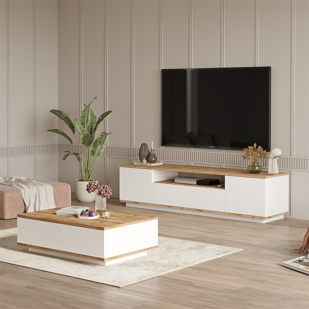Meuble TV 3 portes + table basse blanche en bois design moderne Award