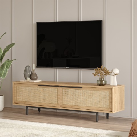 Meuble TV de salon 160x36cm en bois 2 portes effet rotin Bayeaux Promotion