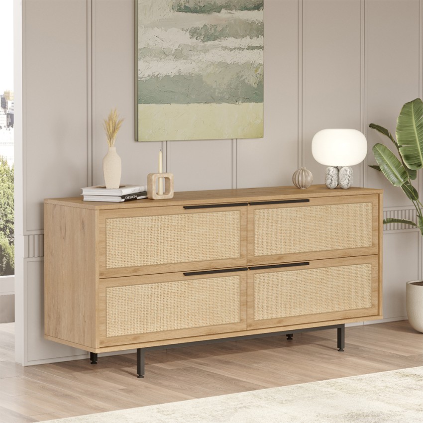 Buffet Salon Cuisine Meuble en Bois 4 Portes Effet Rattan Dhunnan Promotion Buffet Salon Cuisine Meuble en Bois 4 Portes Effet Rattan Dhunnan Promotion