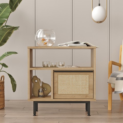 Petit meuble de rangement 60x26x60 cm en bois 2 étagères porte effet rotin Opoli Promotion