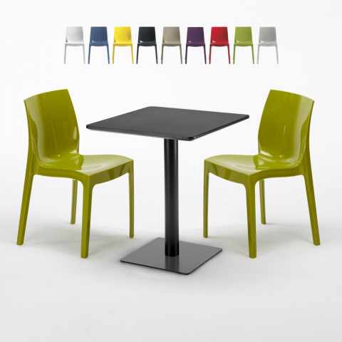 Table carrée 60x60 noire avec 2 chaises colorées Ice Licorice