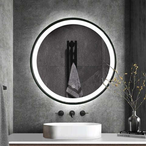 Miroir de salle de bain rétroéclairé led rond 60cm cadre noir Smidmur M Promotion