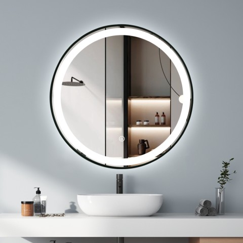 Miroir de salle de bain design rond 70cm rétroéclairé cadre Smidmur L Promotion