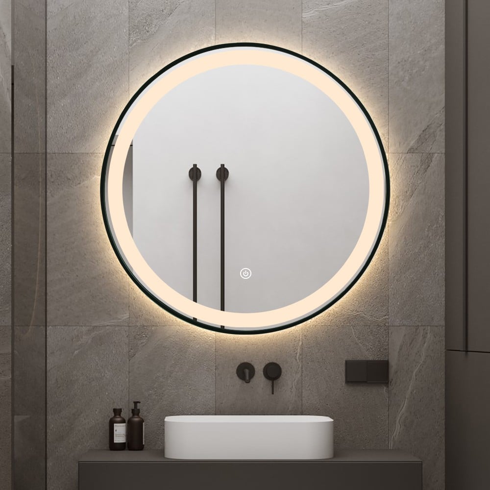 Miroir salle de bain led rond 80cm rétroéclairé cadre noir Smidmur XL
