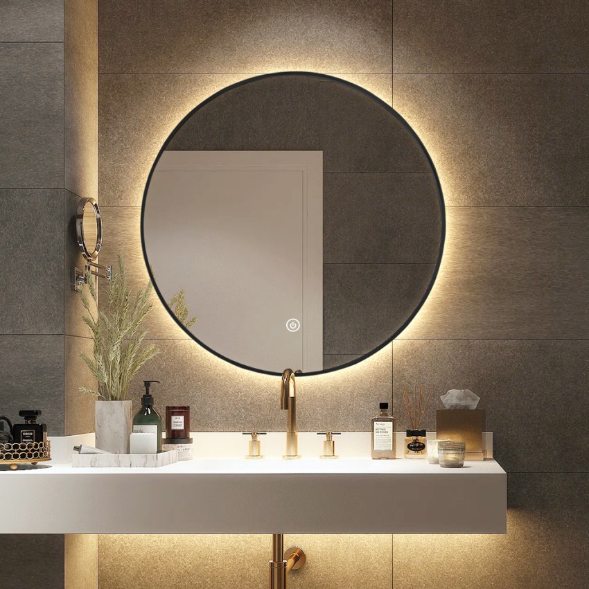 Miroir de salle de bain LED rond 70cm rétroéclairé cadre noir Laugarv L Promotion