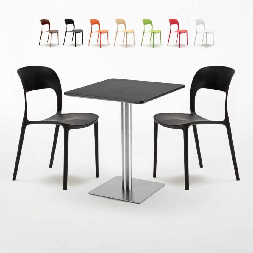 Ensemble d'une table basse carrée 60X60 acier avec plateau noir 2 chaises Restaurant Pistachio