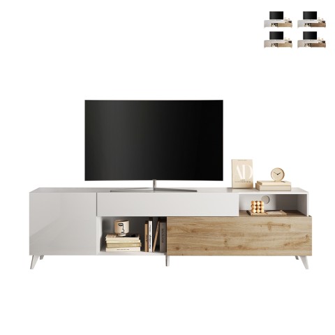 Meuble TV moderne blanc bois avec tiroir et 2 portes 241x42x67cm Clere Promotion