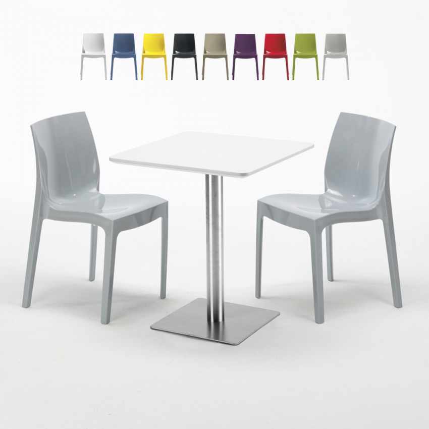 Table carrée 60x60 plateau blanc avec 2 chaises colorées Ice Hazelnut