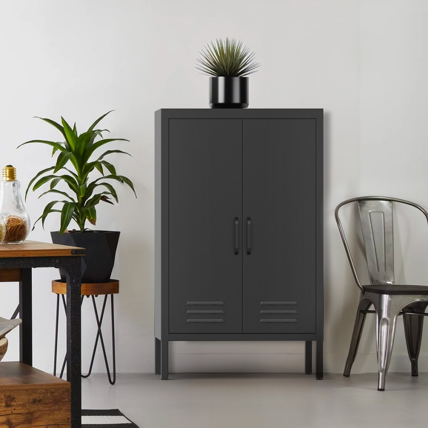 Armoire de bureau métal noir 2 portes industrielle 65x36x105cm Colima Promotion