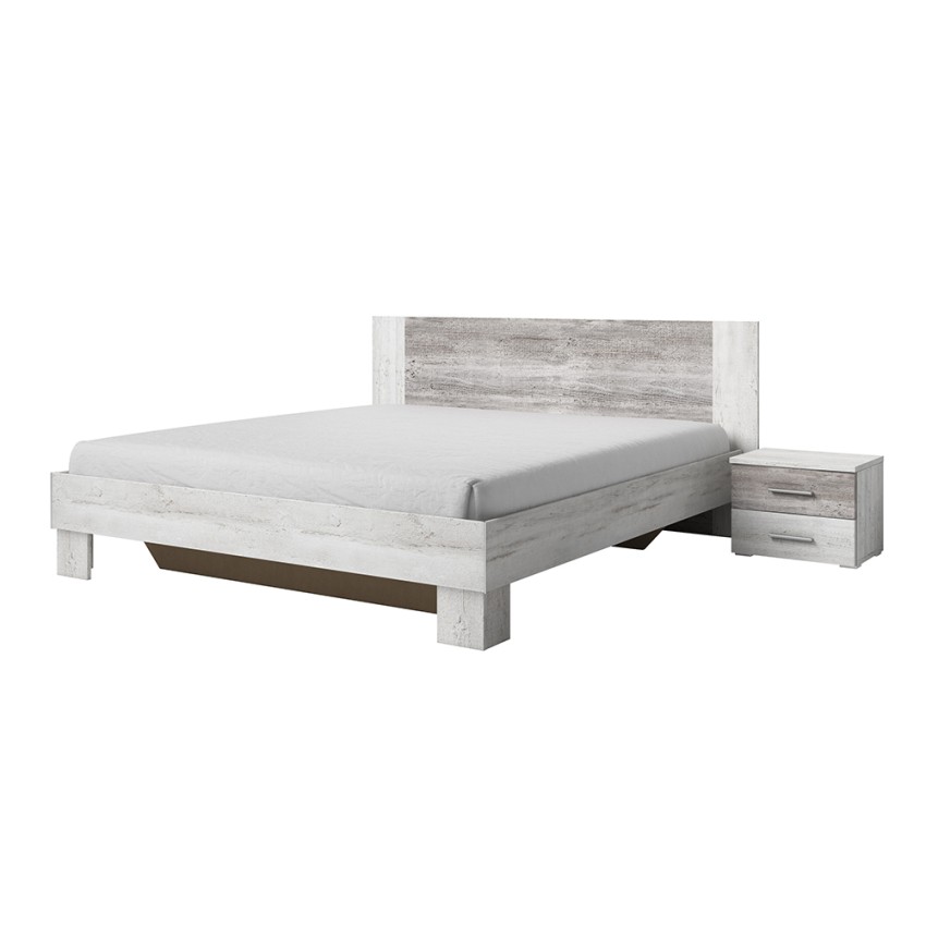 Lit double 160x200 en bois blanc 2 tables de chevet sommier à lattes Indra Promotion