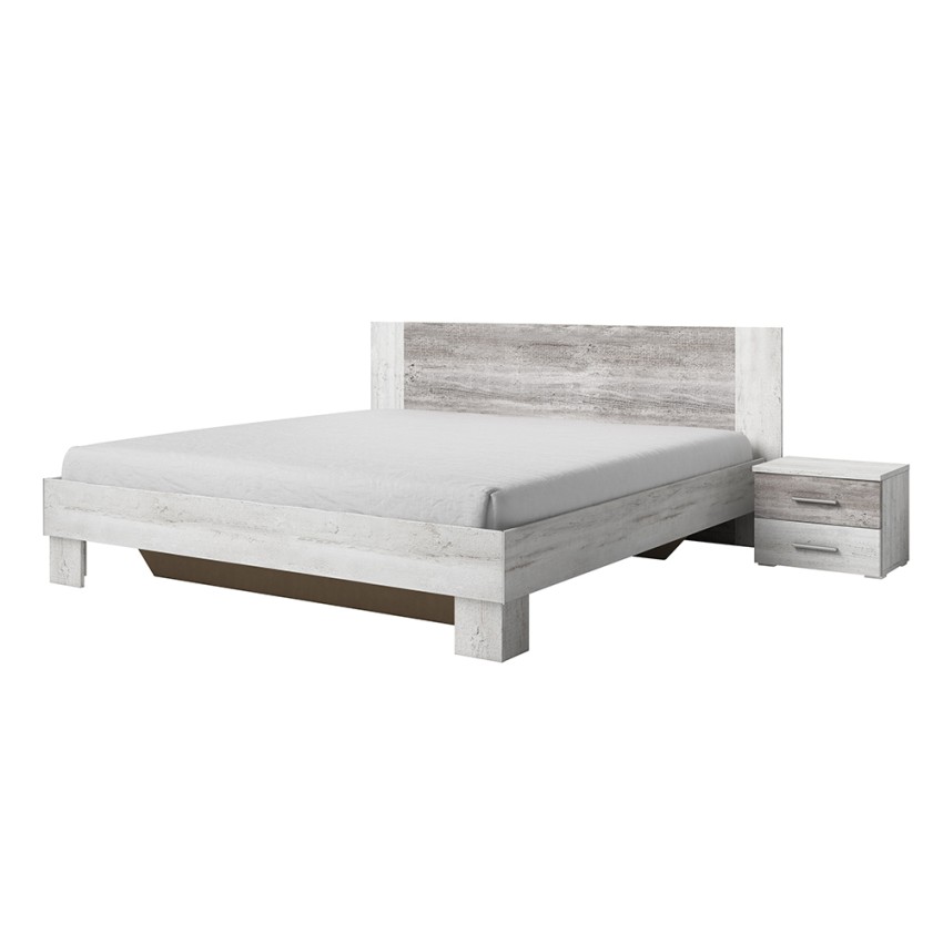 Lit double 180x200 sommier à lattes 2 tables de nuit bois blanc Mosnay Promotion