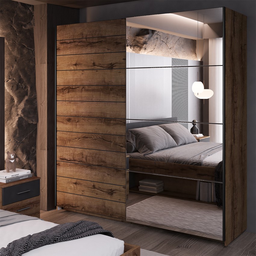 Armoire dressing 2 portes coulissantes miroir chêne foncé noir Otilie Promotion