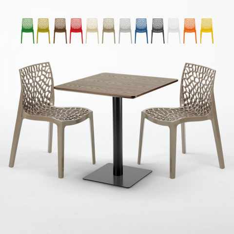 Table carrée 70x70 plateau effet bois avec 2 chaises colorées Gruvyer Melon Promotion