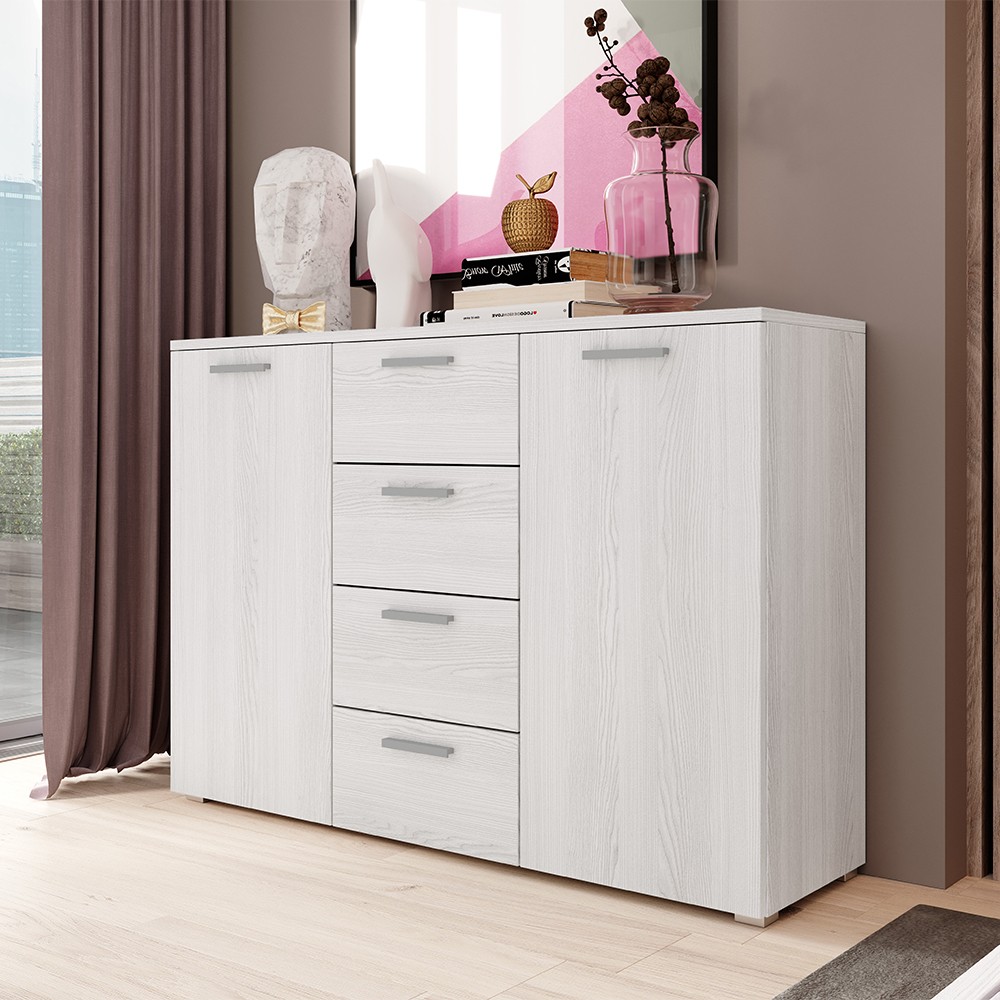 Commode chambre à coucher 4 tiroirs 2 portes blanc 132x38x93cm Lemere