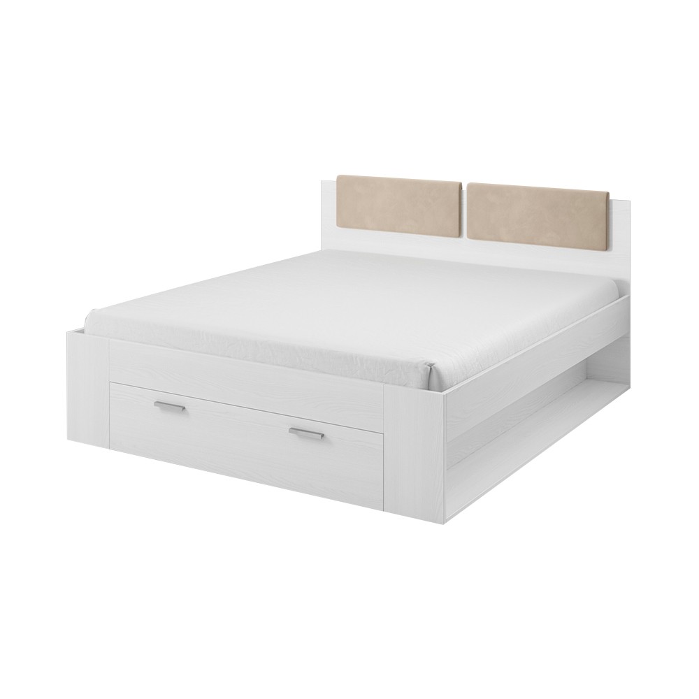 Lit double en bois de chêne blanchi 160x200 avec coffre Lamonthe