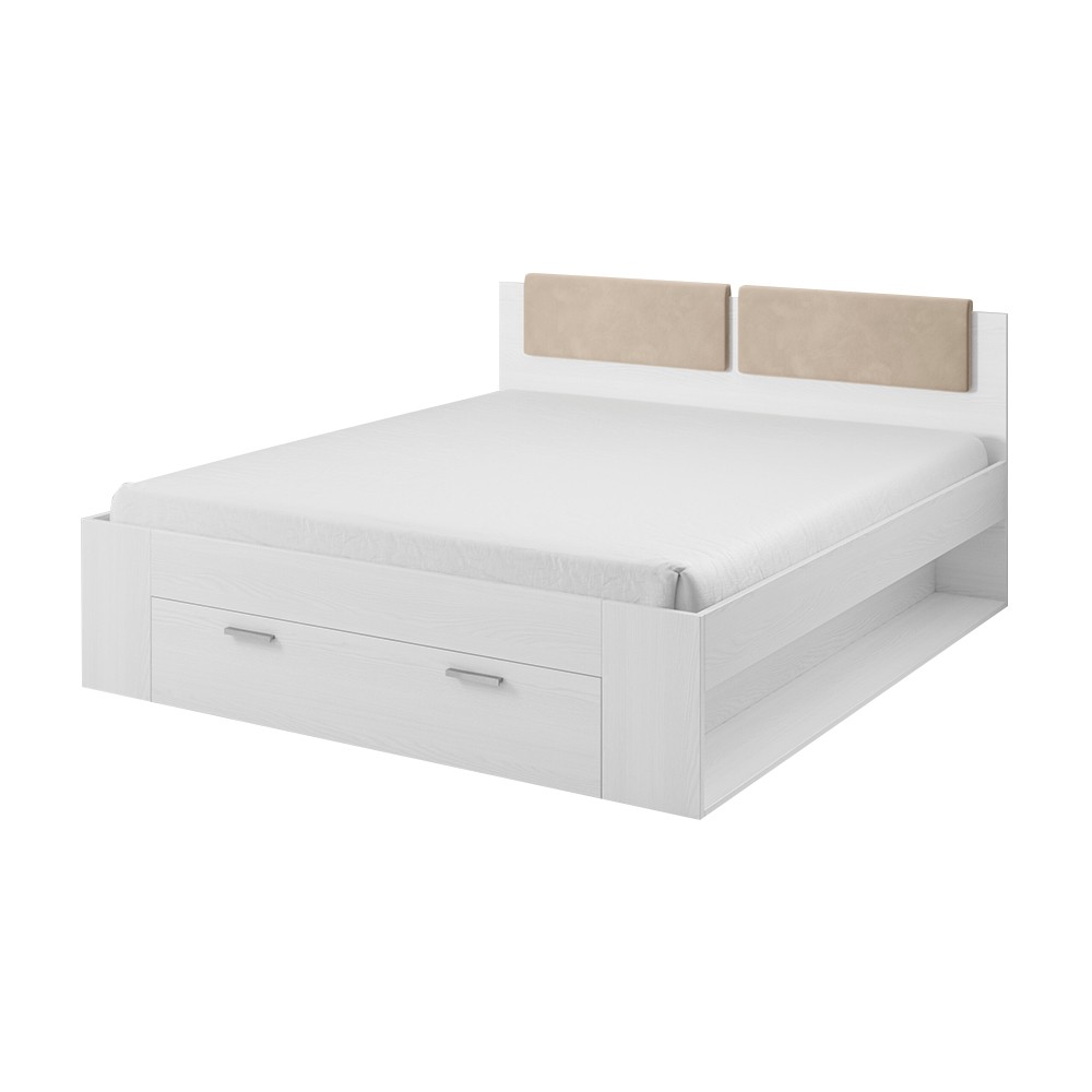 Lit double 180x200cm avec coffre blanc lattes de bois Maddison