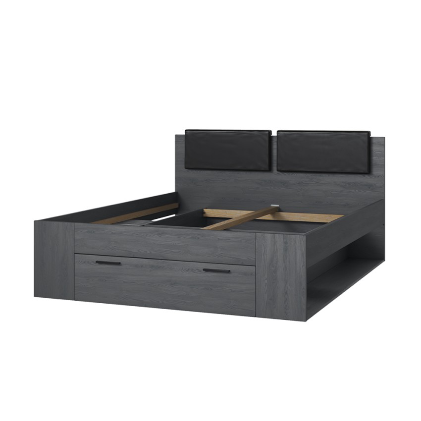 Lit double 160x200 coffre rangement sommier lattes chêne foncé Tiara Promotion