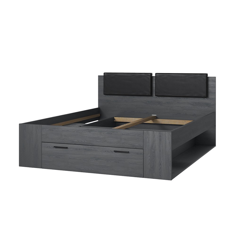 Lit double 160x200 coffre rangement sommier lattes chêne foncé Tiara