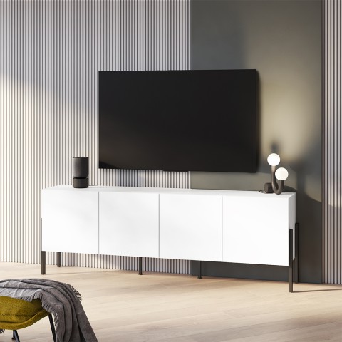 Meuble TV design minimaliste moderne blanc 4 portes 200x40x69cm Gardon Promotion