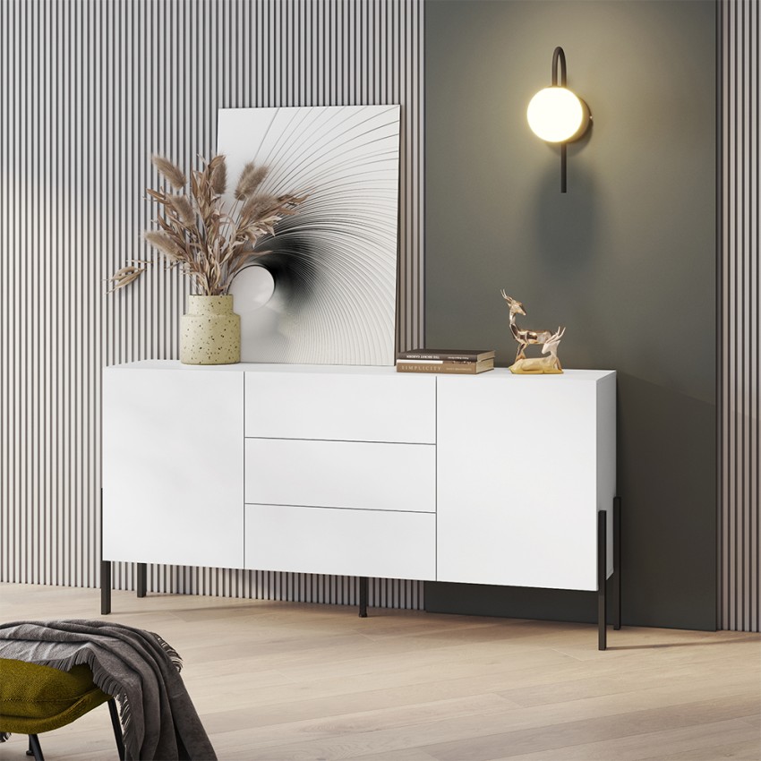 Buffet de salle à manger moderne 2 portes 3 tiroirs blanc Ducey Promotion