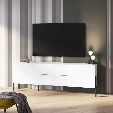 Meuble TV design moderne blanc 2 portes 2 tiroirs Kaveh Promotion