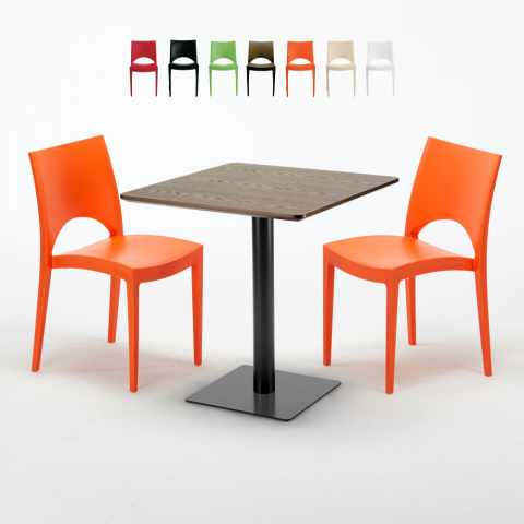 Table carrée 70x70 plateau effet bois avec 2 chaises colorées Paris Melon Promotion