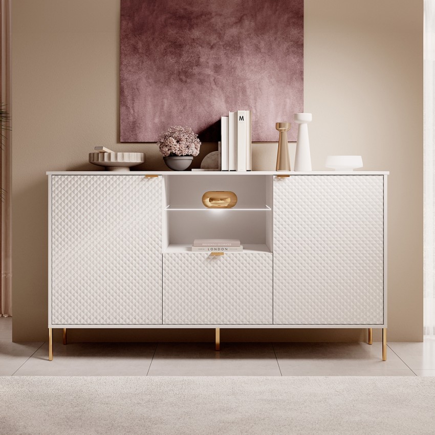 Buffet moderne blanc 3 portes LED lumière séjour cuisine Sandani Promotion Buffet moderne blanc 3 portes LED lumière séjour cuisine Sandani Promotion