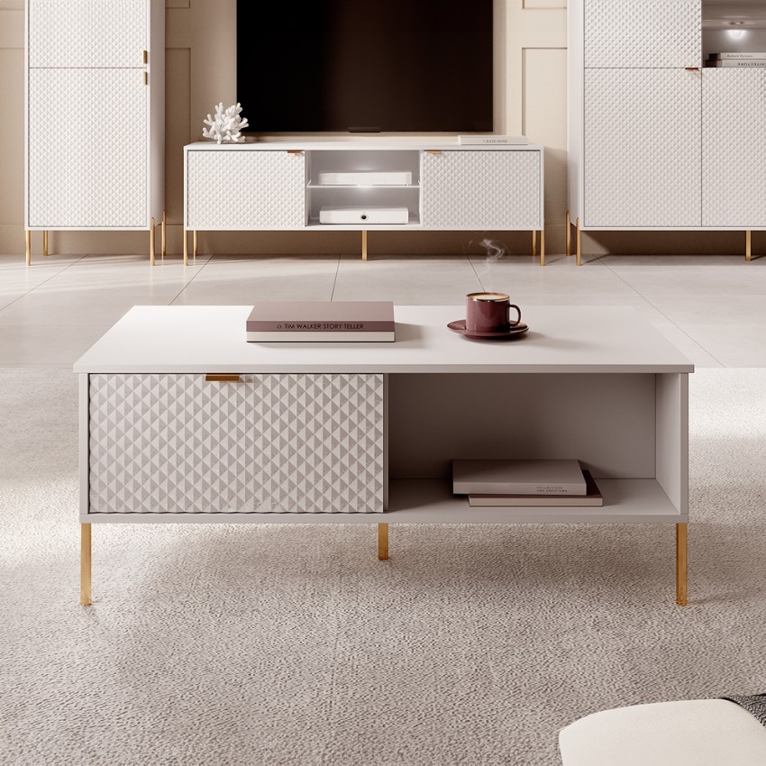 Table basse de salon à 2 portes de rangement blanc doré Oviedo Promotion