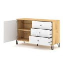 Buffet cuisine moderne 120cm bois chêne porte 3 tiroirs blanc Gwen Remises