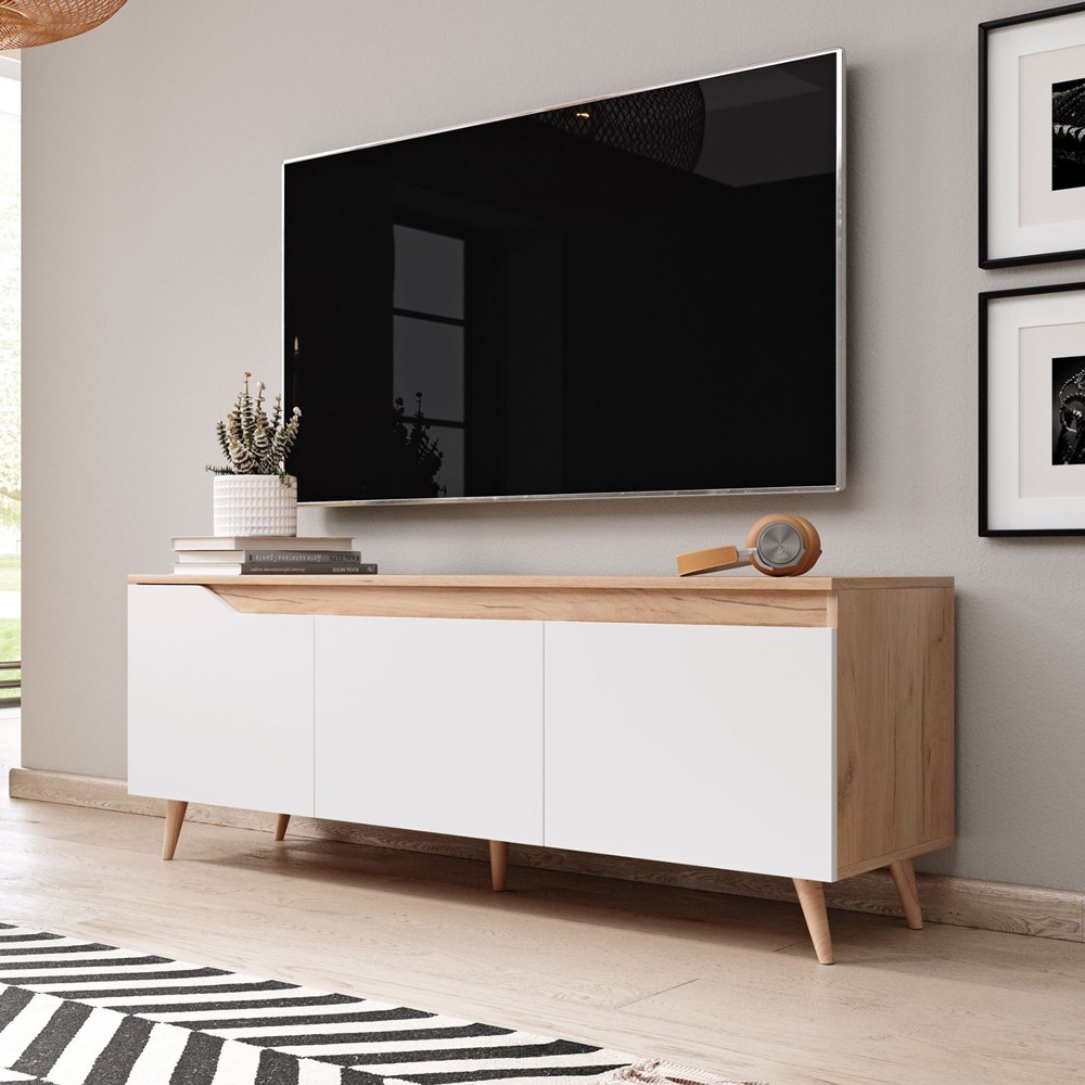 Meuble TV moderne 140cm scandinave en bois 3 portes blanc mat Muriel