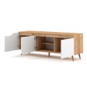Meuble TV moderne 140cm scandinave en bois 3 portes blanc mat Muriel Réductions