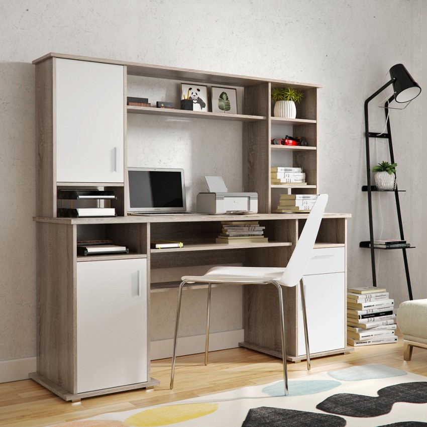 Bureau en bois avec mur équipé et rangement Theodor Promotion Bureau en bois avec mur équipé et rangement Theodor Promotion