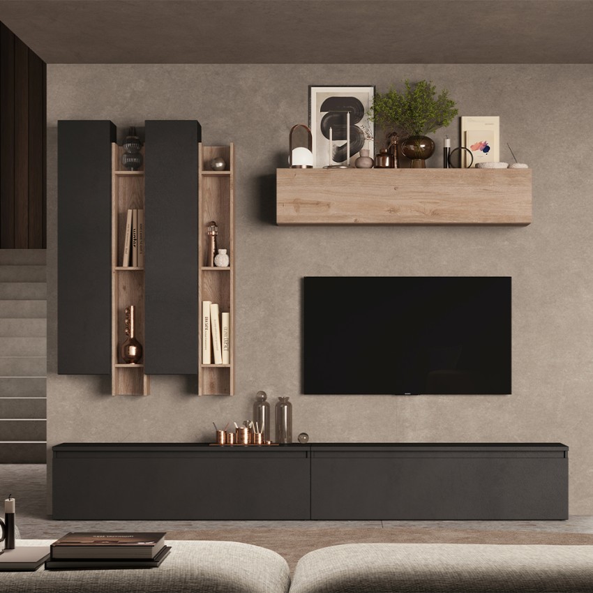 Mur TV design moderne en bois avec bibliothèque Infinity 04 Promotion Mur TV design moderne en bois avec bibliothèque Infinity 04 Promotion