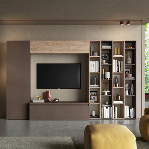 Meuble mural TV moderne bibliothèque bois blanc gris Infinity 10 Promotion