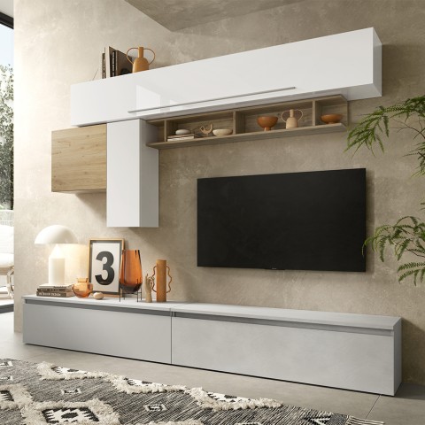 Unité murale TV moderne blanc brillant étagère bois Infinity 17 Promotion