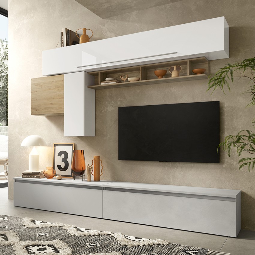Meuble TV moderne blanc laqué avec étagère en bois Infinity 17 Promotion Meuble TV moderne blanc laqué avec étagère en bois Infinity 17 Promotion